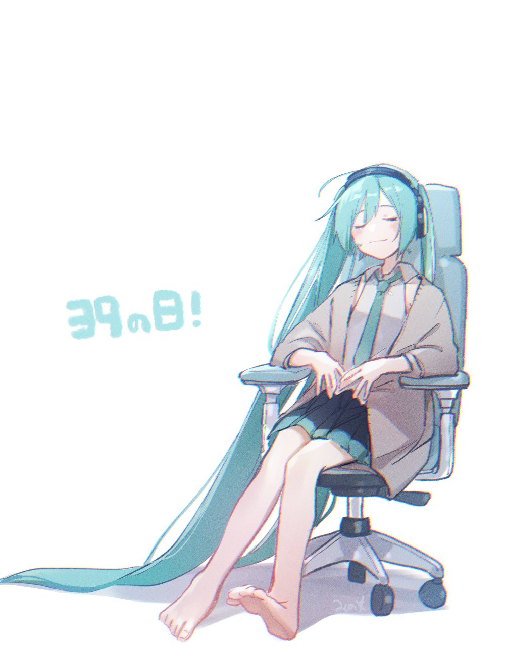 1girl ahoge aqua_hair bare_legs barefoot black_skirt brown_cardigan cardigan chair closed_eyes commentary grey_shirt hatsune_miku headphones highres long_hair mi_no_take miku_day miniskirt office_chair pleated_skirt relaxing shadow shirt signature sitting skirt sleeveless sleeveless_shirt smile solo swivel_chair translated twintails very_long_hair vocaloid white_background