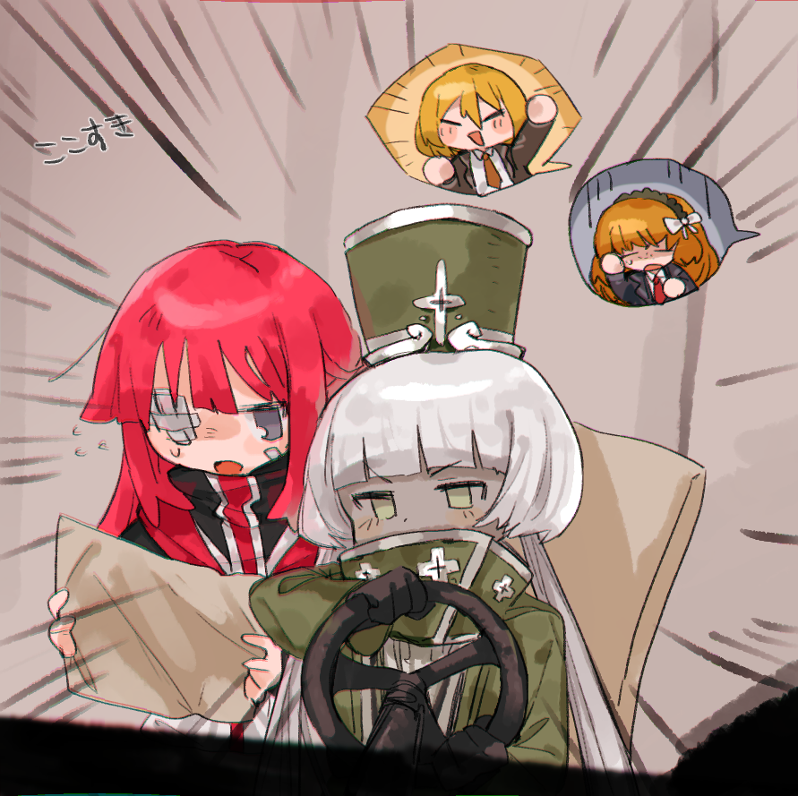 4girls bandage_over_one_eye bangs black_jacket blonde_hair blunt_bangs brown_hairband charon_(limbus_company) closed_eyes commentary_request dark-skinned_female dark_skin don_quixote_(limbus_company) green_eyes green_headwear grey_eyes grey_jacket hair_ribbon hairband hat holding holding_map ishmael_(limbus_company) jacket limbus_company long_hair long_sleeves map multiple_girls necktie nonga open_clothes open_jacket open_mouth orange_hair orange_necktie pink_hair project_moon red_necktie ribbon shirt short_hair smile steering_wheel translation_request white_ribbon white_shirt yuri_(limbus_company)