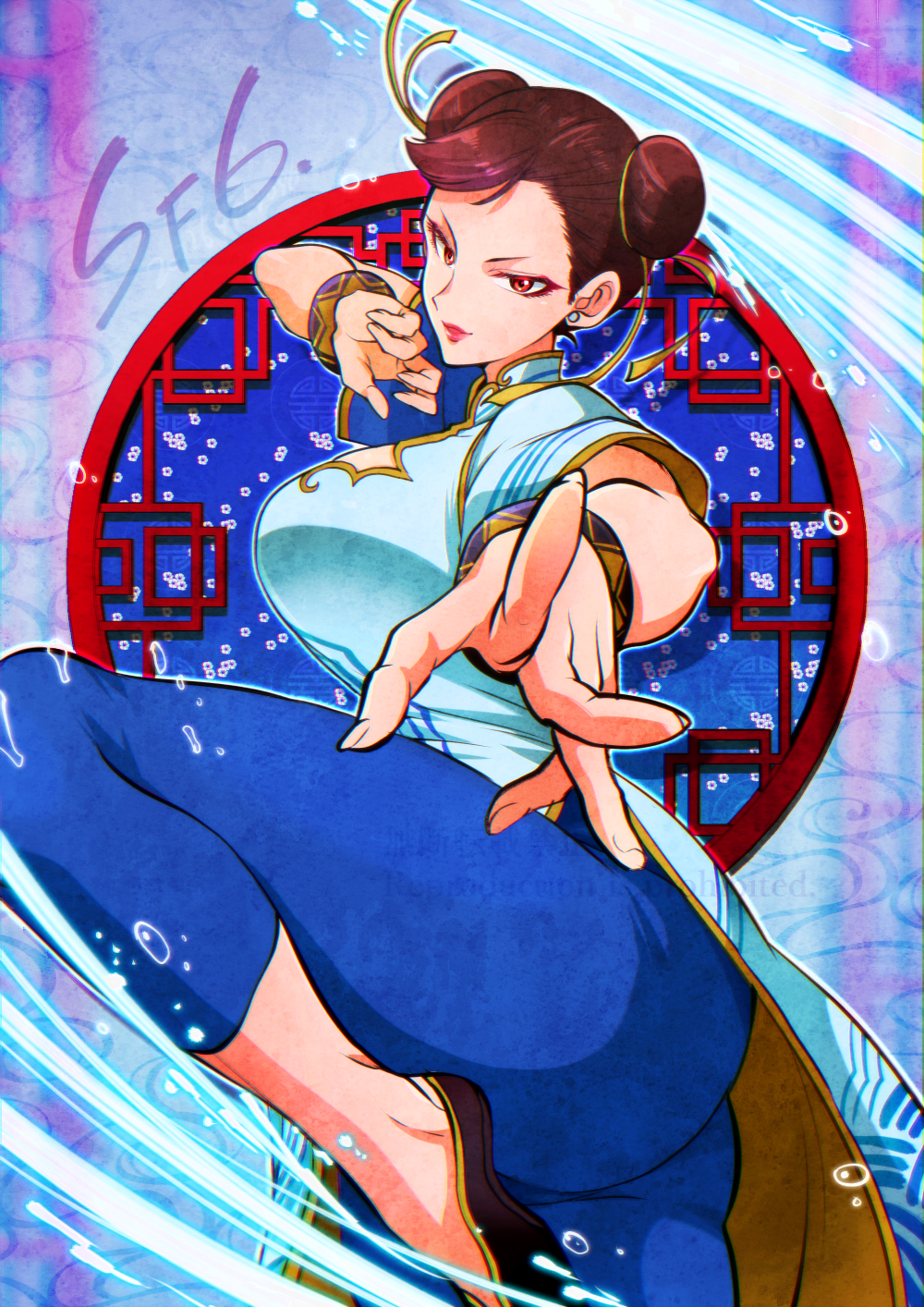 1girl architecture ass black_footwear blue_dress blue_leggings bracelet breasts brown_eyes brown_hair china_dress chinese_clothes chun-li cleavage_cutout clothing_cutout double_bun dress earrings east_asian_architecture eyeliner fighting_stance fingernails flats hair_bun hair_ribbon highres jewelry large_breasts leggings looking_at_viewer makeup marimo_(yousei_ranbu) mature_female pelvic_curtain pink_lips ribbon short_hair solo standing standing_on_one_leg street_fighter street_fighter_6 stud_earrings thick_thighs thighs