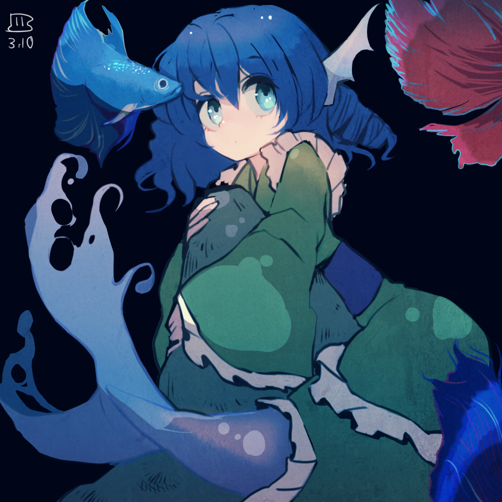 1girl animal bangs blue_eyes blue_hair closed_mouth dated drill_hair fish green_kimono hair_between_eyes head_fins japanese_clothes kimono long_sleeves maaru_(akira428) mermaid monster_girl obi one-hour_drawing_challenge sash short_hair signature solo touhou wakasagihime wide_sleeves