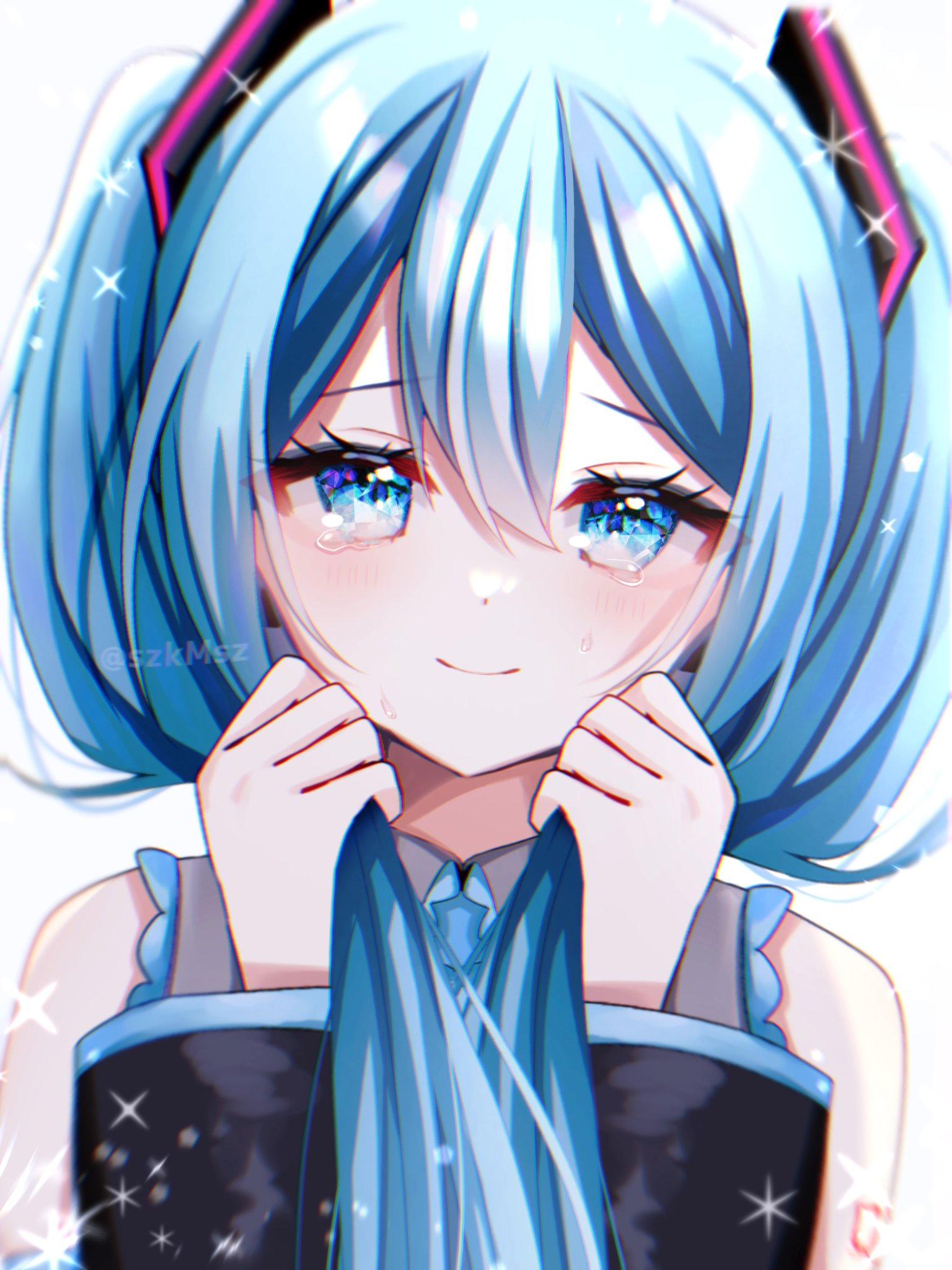 1girl aqua_eyes aqua_hair aqua_necktie bangs bare_shoulders black_sleeves blush closed_mouth collared_shirt detached_sleeves eyelashes hair_between_eyes hair_ornament happy_tears hatsune_miku highres holding holding_hair long_hair looking_at_viewer miku_day necktie number_tattoo shirt shoulder_tattoo smile solo sparkle szmymsz tattoo teardrop tears twintails twitter_username upper_body vocaloid