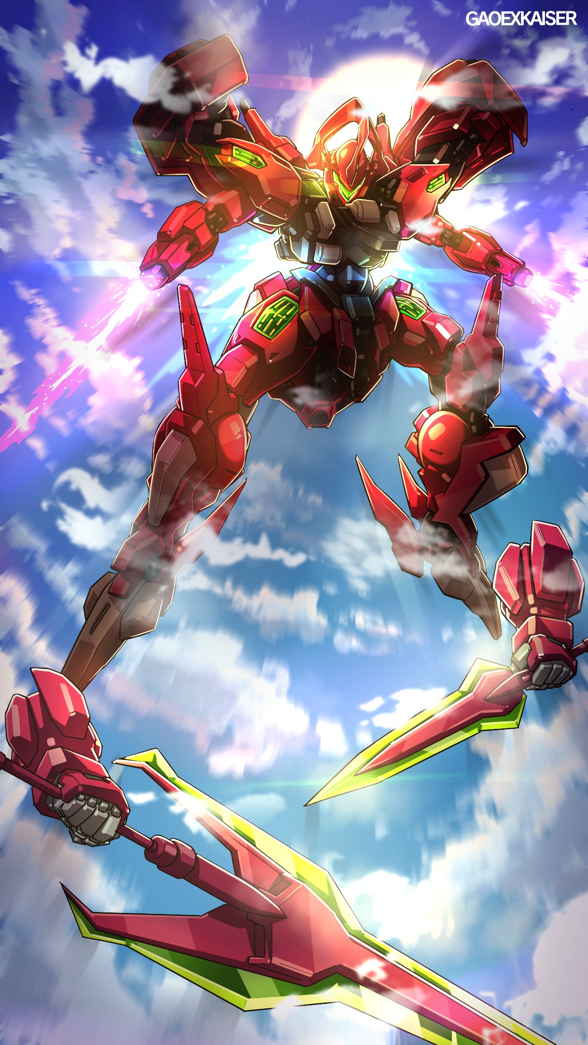 arm_blade artist_name assault_visor clouds commission darilbalde detached_arm dual_wielding energy_blade english_commentary gao_ex_kaiser gundam gundam_suisei_no_majo highres holding holding_sword holding_weapon horns looking_down mecha no_humans robot science_fiction single_horn sky solo sun sword weapon