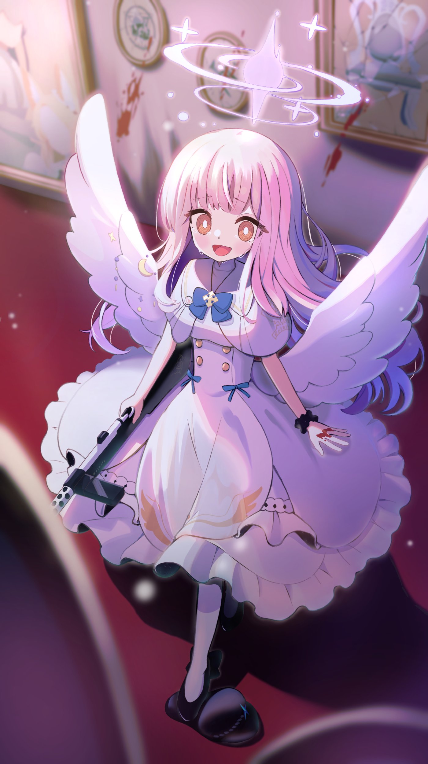 1girl absurdres angel_wings bangs black_footwear blue_archive blunt_bangs bracelet brown_eyes capelet commentary_request crying dress frilled_dress frills gun halo highres jewelry long_hair low_wings mika_(blue_archive) open_mouth pink_hair smile solo suwasui_(suiwasui) weapon white_capelet white_dress wings