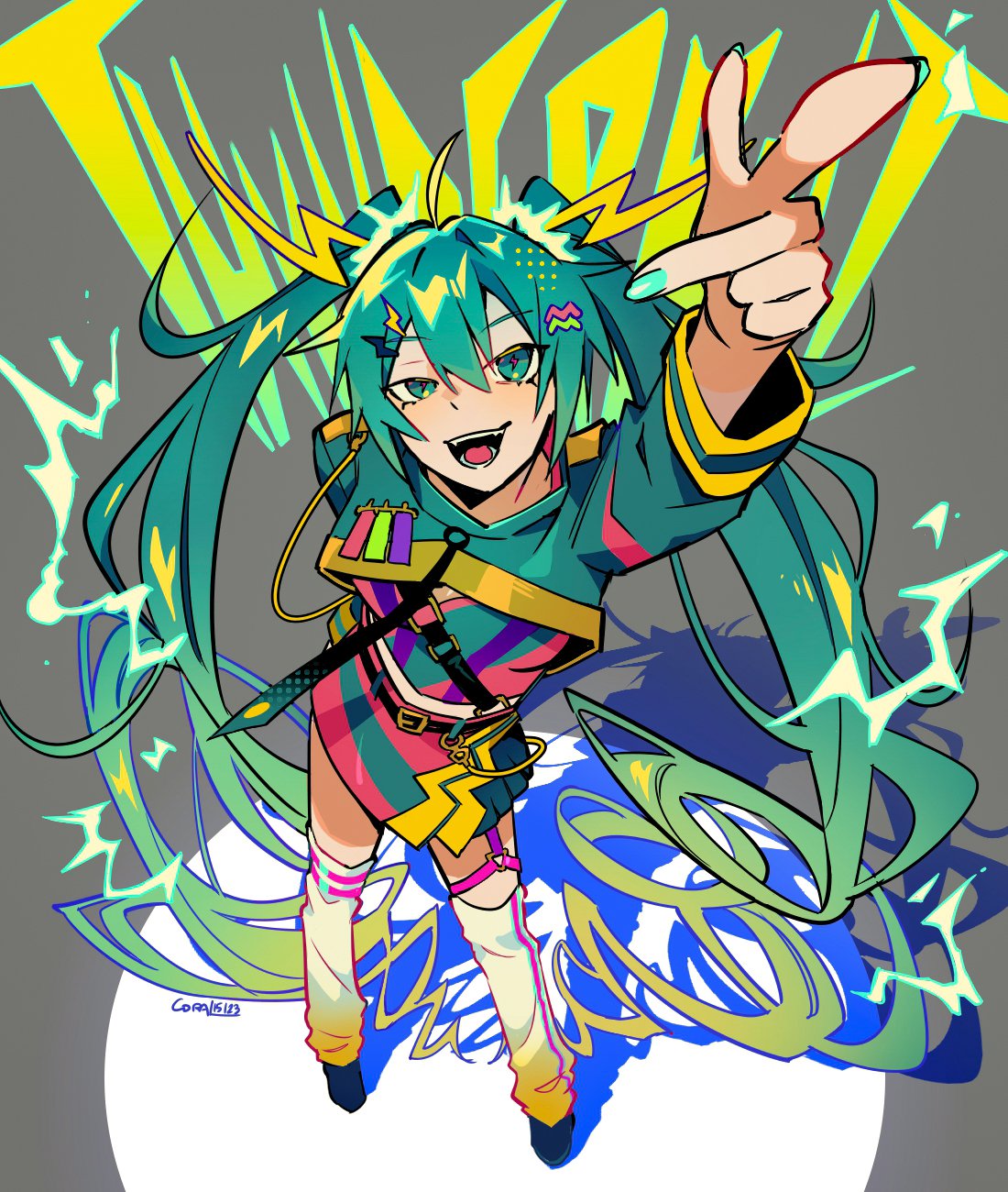 1girl ahoge alternate_costume aqua_eyes aqua_hair aqua_sleeves arm_behind_back arm_up contrapposto copyright_name coral_(coral_l33) dress electricity english_text epaulettes from_above full_body hair_between_eyes hair_ornament half-closed_eye halftone hatsune_miku hatsune_miku_japan_tour_2023_~thunderbolt~ highres leg_warmers lightning_bolt-shaped_pupils lightning_bolt_hair_ornament lightning_bolt_symbol long_hair looking_at_viewer looking_up midriff multicolored_clothes multicolored_dress o-ring o-ring_thigh_strap open_mouth pointing pointing_up shadow shoes short_dress shrug_(clothing) smirk solo spotlight thigh_strap twintails very_long_hair vocaloid