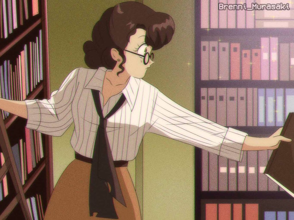 1990s_(style) 1girl animification artist_name book brenni_murasaki brown_hair earrings english_text evelyn_carnahan glasses holding holding_book jewelry ladder librarian library retro_artstyle solo sparkle_background the_mummy