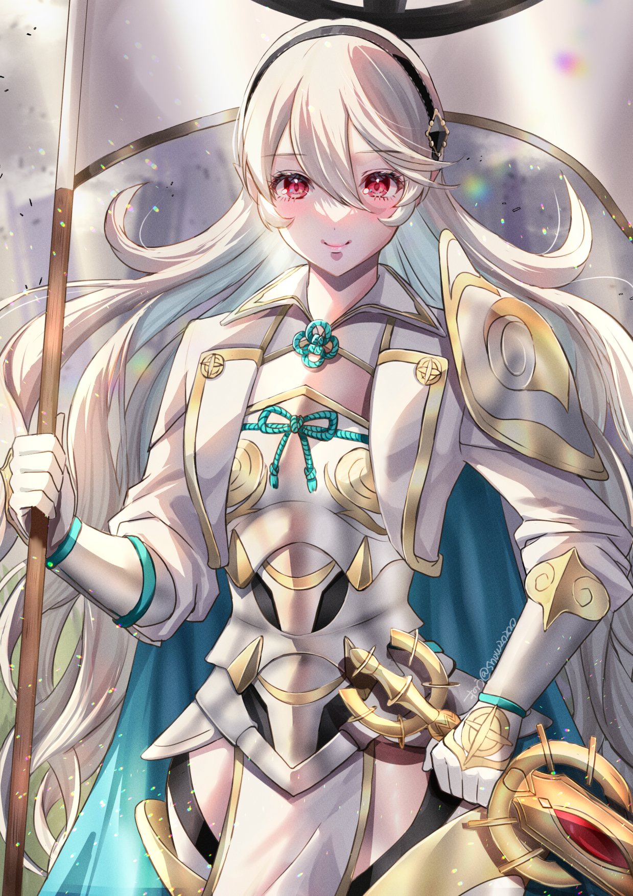 1girl armor bangs blush breasts cape corrin_(female)_(fire_emblem) corrin_(fire_emblem) fire_emblem fire_emblem_fates gloves hair_between_eyes hairband highres japanese_armor loincloth long_hair looking_at_viewer official_alternate_costume pointy_ears red_eyes simple_background smile snow20200 solo white_hair yato_(fire_emblem)