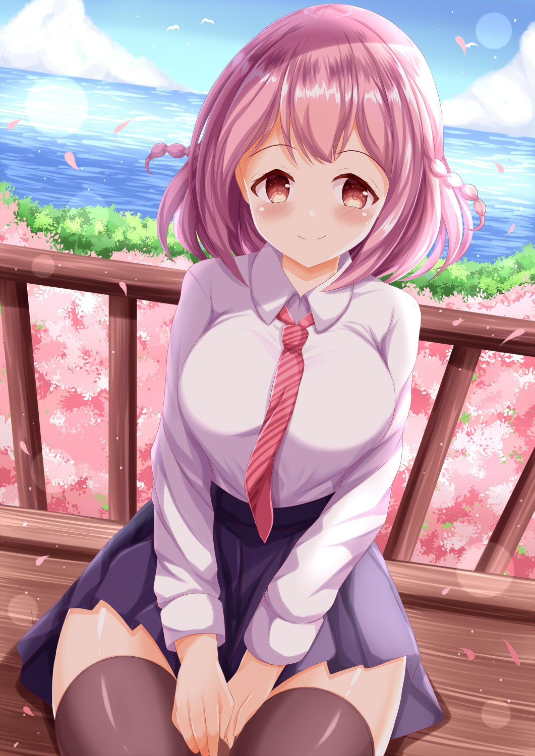 1girl bangs between_legs blue_skirt blue_sky blush braid breasts brown_eyes brown_thighhighs closed_mouth clouds collared_shirt commentary_request day diagonal-striped_necktie hand_between_legs highres horizon hoshizaki_akari large_breasts looking_at_viewer ocean ongeki outdoors petals pink_hair pleated_skirt railing shirt sitting skirt sky smile solo thigh-highs twin_braids water white_shirt zenon_(for_achieve)