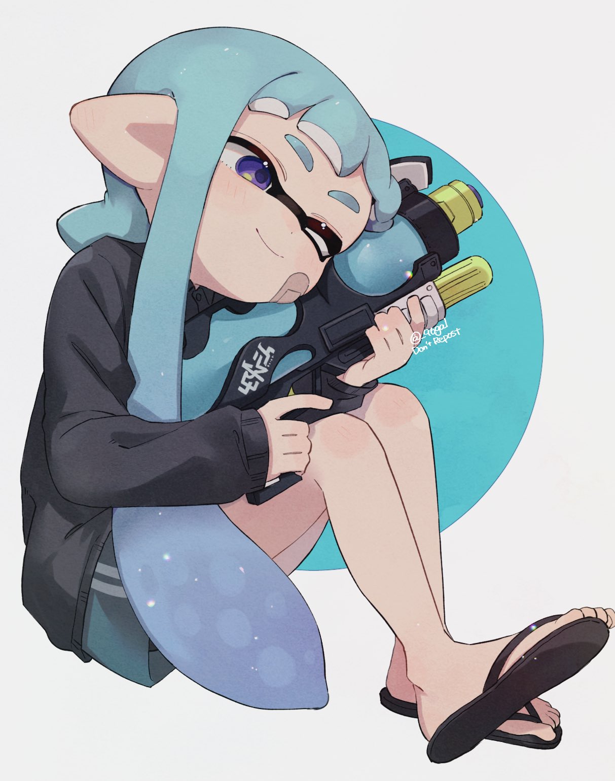 1girl aqua_background artist_name bandaid bandaid_on_cheek bandaid_on_face bangs black_footwear black_shirt blue_hair blue_shorts blunt_bangs blush closed_mouth commentary_request flip-flops full_body gun highres holding holding_gun holding_weapon inkling inkling_girl knees_up long_hair long_sleeves mikoshiba_m one_eye_closed pointy_ears sandals shirt short_eyebrows short_shorts shorts sidelocks simple_background sitting sleeves_past_wrists smile solo splatoon_(series) splatoon_3 splattershot_nova_(splatoon) tentacle_hair twitter_username two-tone_background very_long_hair violet_eyes weapon white_background