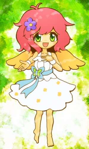 1girl angel angel_wings bangs blush chibi dress flower full_body green_eyes hair_flower hair_ornament hand_on_own_chest harpy_(puyopuyo) looking_at_viewer lowres madou_monogatari open_mouth pink_hair puyopuyo short_hair smile solo standing standing_on_one_leg tomatori white_dress wings yellow_wings