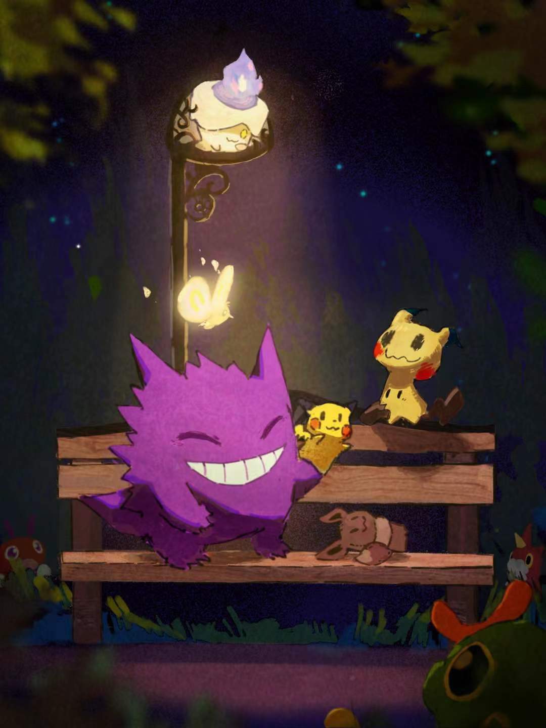 :3 ^_^ arc_draws bench blurry blurry_foreground candle caterpie character_request closed_eyes closed_mouth commentary_request cutiefly depth_of_field eevee fire flame flying gengar glowing grass grin hand_puppet highres lamppost litwick looking_at_another mimikyu night no_humans outdoors pokemon pokemon_(creature) puppet purple_fire scenery smile star_(sky) teeth tree wurmple