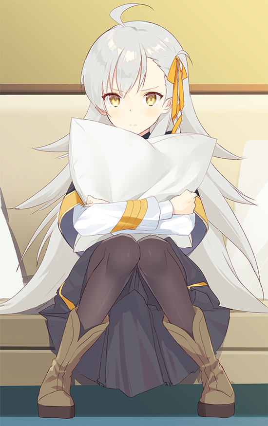 1girl aged_down ahoge asymmetrical_bangs bangs black_pantyhose black_skirt boots brown_footwear closed_mouth couch eka_eri fate_(series) hair_ribbon long_hair long_sleeves looking_at_viewer lord_el-melloi_ii_case_files object_hug olga_marie_animusphere pantyhose pillow pillow_hug ribbon sitting skirt solo white_hair yellow_eyes yellow_ribbon