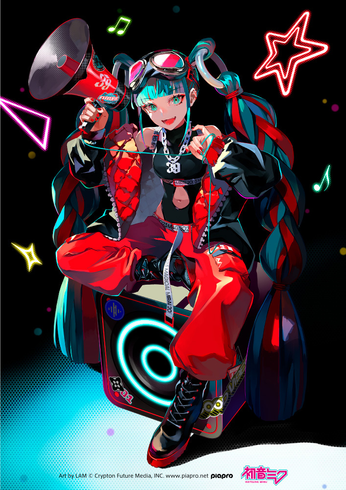 1girl 39 aqua_eyes aqua_hair bangs bare_shoulders beamed_eighth_notes belt black_background black_footwear black_jacket black_shirt blunt_bangs boots cable clothes_writing clothing_cutout commentary cross-laced_footwear crypton_future_media detached_hair down_jacket eighth_note goggles goggles_on_head hatsune_miku hip_vent holding holding_megaphone jacket lace-up_boots lam_(ramdayo) looking_at_viewer magical_mirai_(vocaloid) magical_mirai_miku magical_mirai_miku_(2023) megaphone musical_note navel_cutout neon_lights official_art open_mouth pants piapro red_nails red_pants ring_hair_ornament ringed_eyes second-party_source shirt sitting sitting_on_object sleeveless sleeveless_shirt smile solo speaker star_(symbol) triangle vocaloid