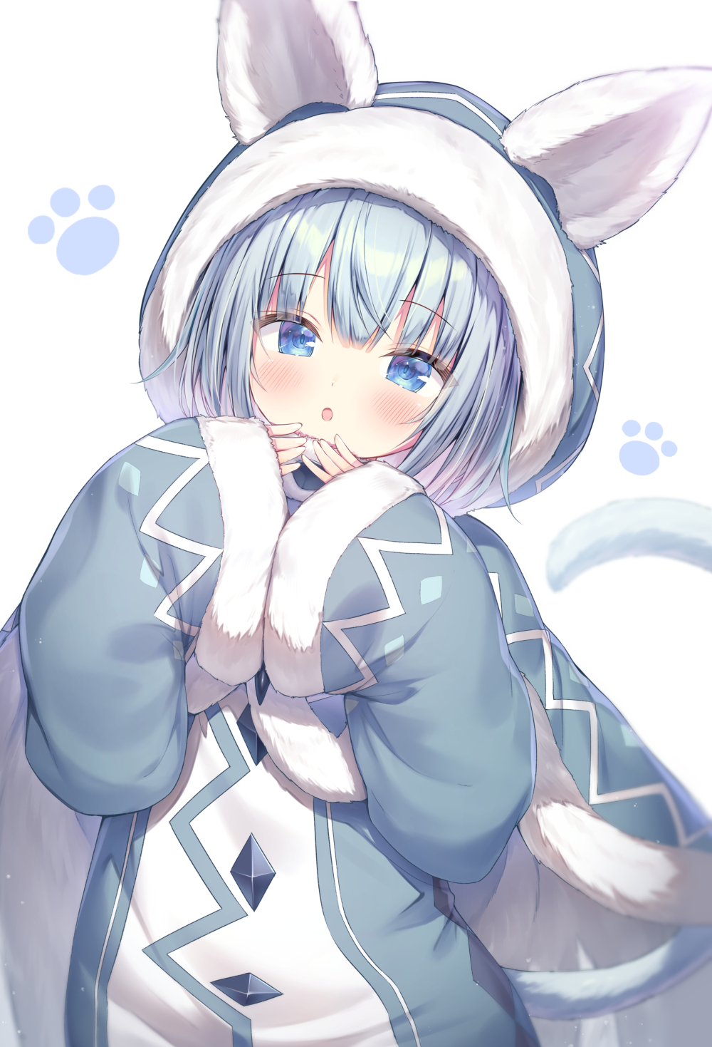 1girl animal_hood bangs blue_eyes blue_hair cape cat_girl cat_tail fur-trimmed_cape fur-trimmed_hood fur-trimmed_sleeves fur_trim highres hood hood_up long_sleeves looking_at_viewer monster_hunter:_world monster_hunter_(series) open_mouth original short_hair tail tobi-kadachi_(armor) topia white_background wide_sleeves
