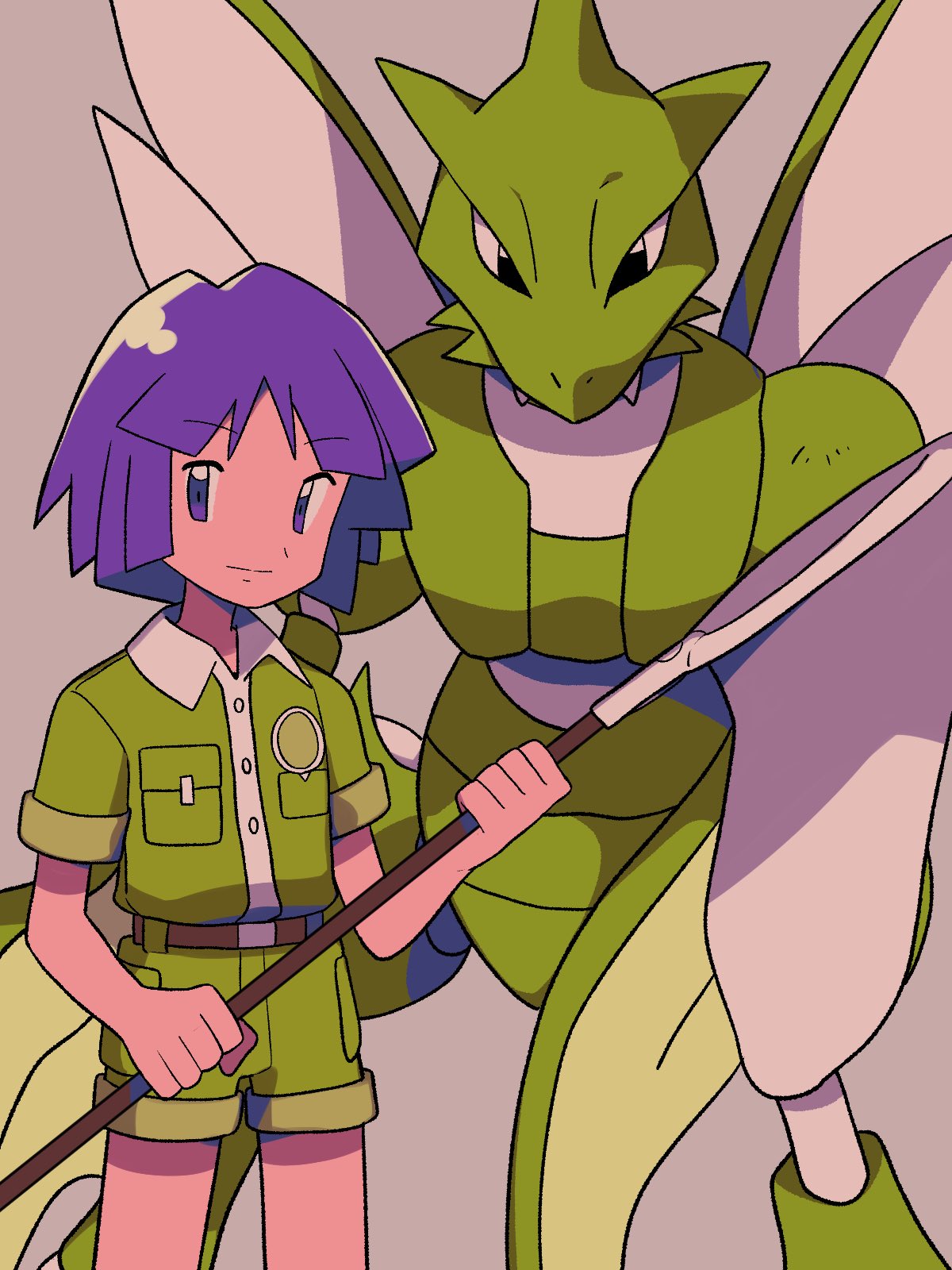 1boy bangs belt belt_buckle brown_belt buckle bugsy_(pokemon) butterfly_net closed_mouth collared_shirt commentary_request green_shirt green_shorts grey_background hand_net highres holding holding_butterfly_net male_focus pokemon pokemon_(creature) pokemon_(game) pokemon_gsc purple_hair scyther shirt short_hair short_sleeves shorts smile split_mouth tyako_089 violet_eyes