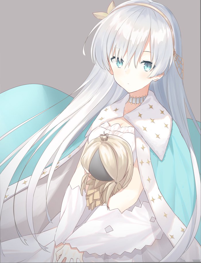 1girl anastasia_(fate) blue_cape blue_eyes cape choker commentary_request doll dress eka_eri fate/grand_order fate_(series) fur-trimmed_cape fur_trim gold_hairband grey_background hair_over_one_eye hairband holding holding_doll long_hair long_sleeves looking_at_viewer royal_robe simple_background solo viy_(fate) white_dress white_hair