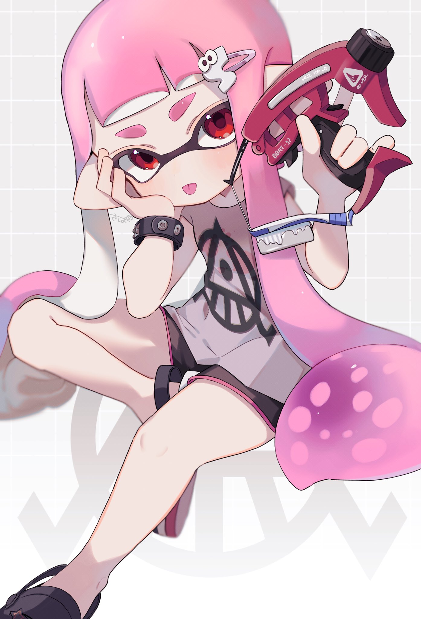 1girl :p bangs black_footwear black_shorts black_wristband blunt_bangs blush closed_mouth commentary_request dapple_dualies_(splatoon) grey_background gun hair_ornament hairclip hands_up head_rest highres holding holding_gun holding_weapon inkling inkling_girl invisible_chair long_hair looking_at_viewer mikoshiba_m pink_hair print_shirt purple_shirt red_eyes shirt shoes short_eyebrows short_shorts shorts sidelocks signature simple_background sitting solo splatoon_(series) splatoon_3 tentacle_hair thick_eyebrows tongue tongue_out very_long_hair weapon white_background wristband