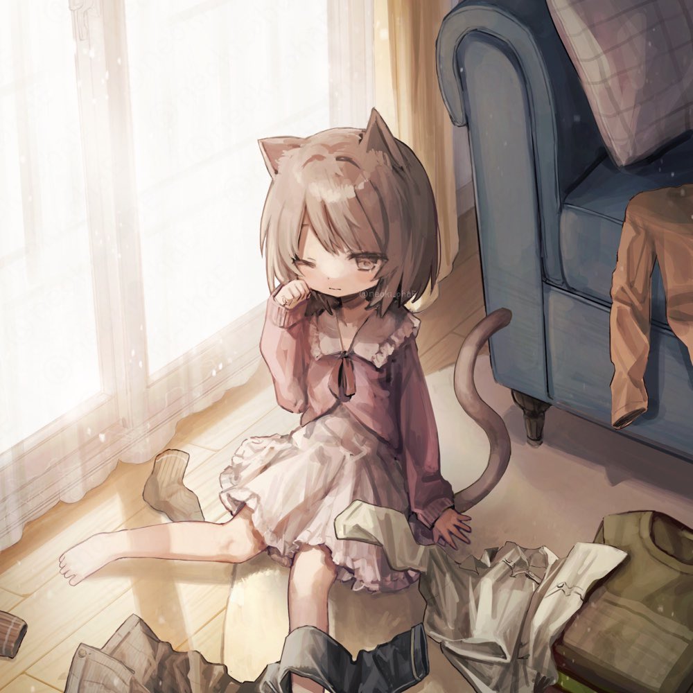 1girl animal_ears barefoot brown_eyes brown_hair cardigan cat_ears cat_girl cat_tail child clothes couch dress female_child indoors neoki_ohae one_eye_closed original pink_cardigan rubbing_eyes short_hair sitting sleepy solo tail white_dress window