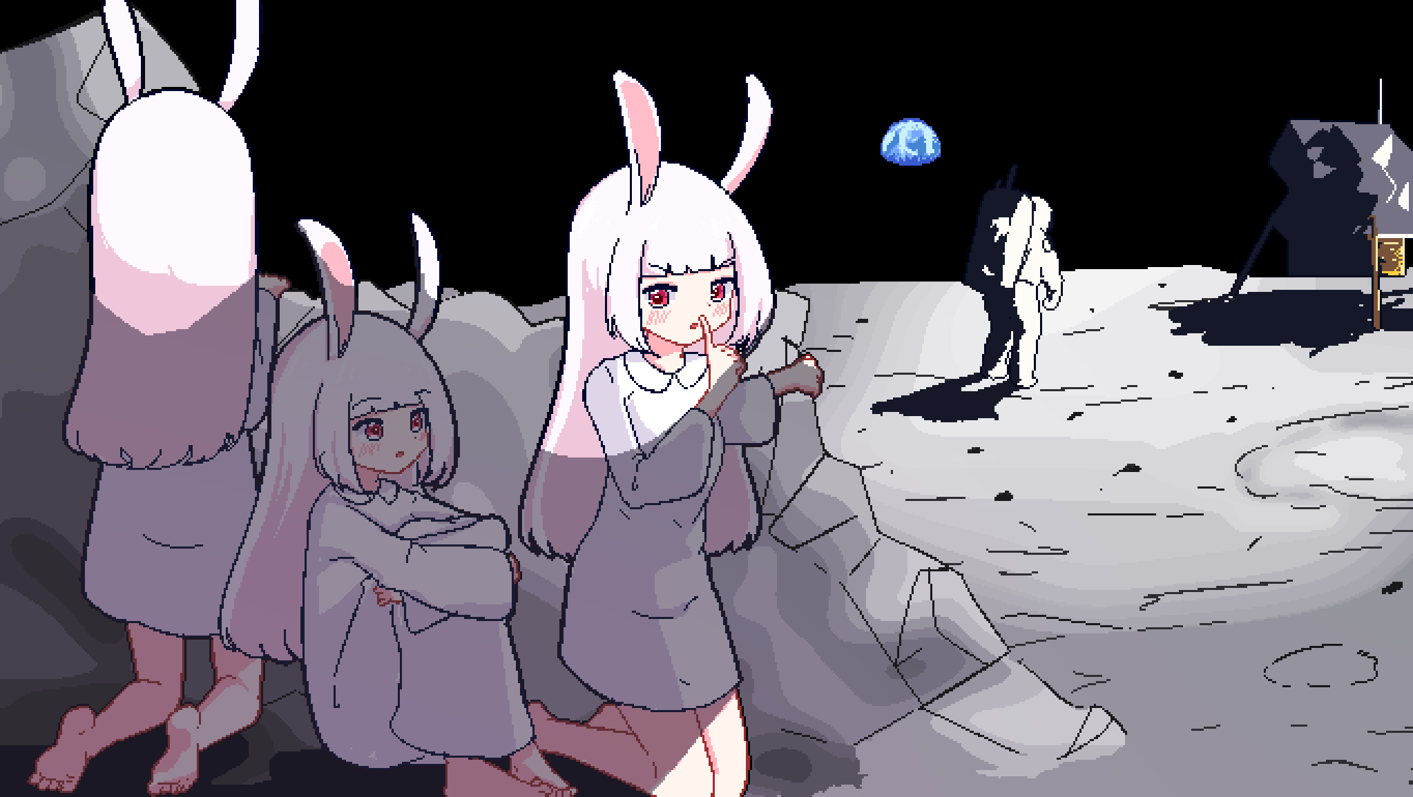 1other 3girls animal_ears astronaut bangs barefoot blunt_bangs chibikki dot_nose dress earth_(planet) finger_to_mouth hand_to_own_mouth highres hugging_own_legs index_finger_raised kneeling knees_up long_hair long_sleeves looking_at_viewer moon moon_rabbit multiple_girls on_moon open_mouth original pixel_art planet rabbit_ears rabbit_girl red_eyes shushing sitting space spacecraft spacesuit standing white_dress white_hair wide_sleeves