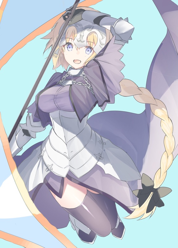 1girl armor black_gloves black_thighhighs blonde_hair blue_background blue_eyes breasts capelet eka_eri fate/apocrypha fate/grand_order fate_(series) faulds flag gauntlets gloves headpiece holding holding_polearm holding_weapon jeanne_d'arc_(fate) jeanne_d'arc_(ruler)_(fate) long_braid long_hair looking_at_viewer open_mouth plackart polearm purple_capelet simple_background solo thigh-highs weapon