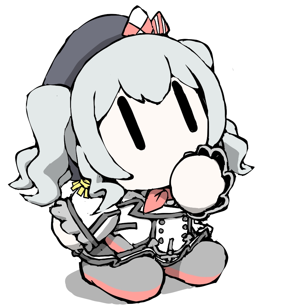 1girl anchor beret chibi epaulettes full_body grey_hair hat jacket kantai_collection kashima_(kancolle) neckerchief red_neckerchief short_hair skirt solid_eyes task_(s_task80) twintails uniform wavy_hair white_background