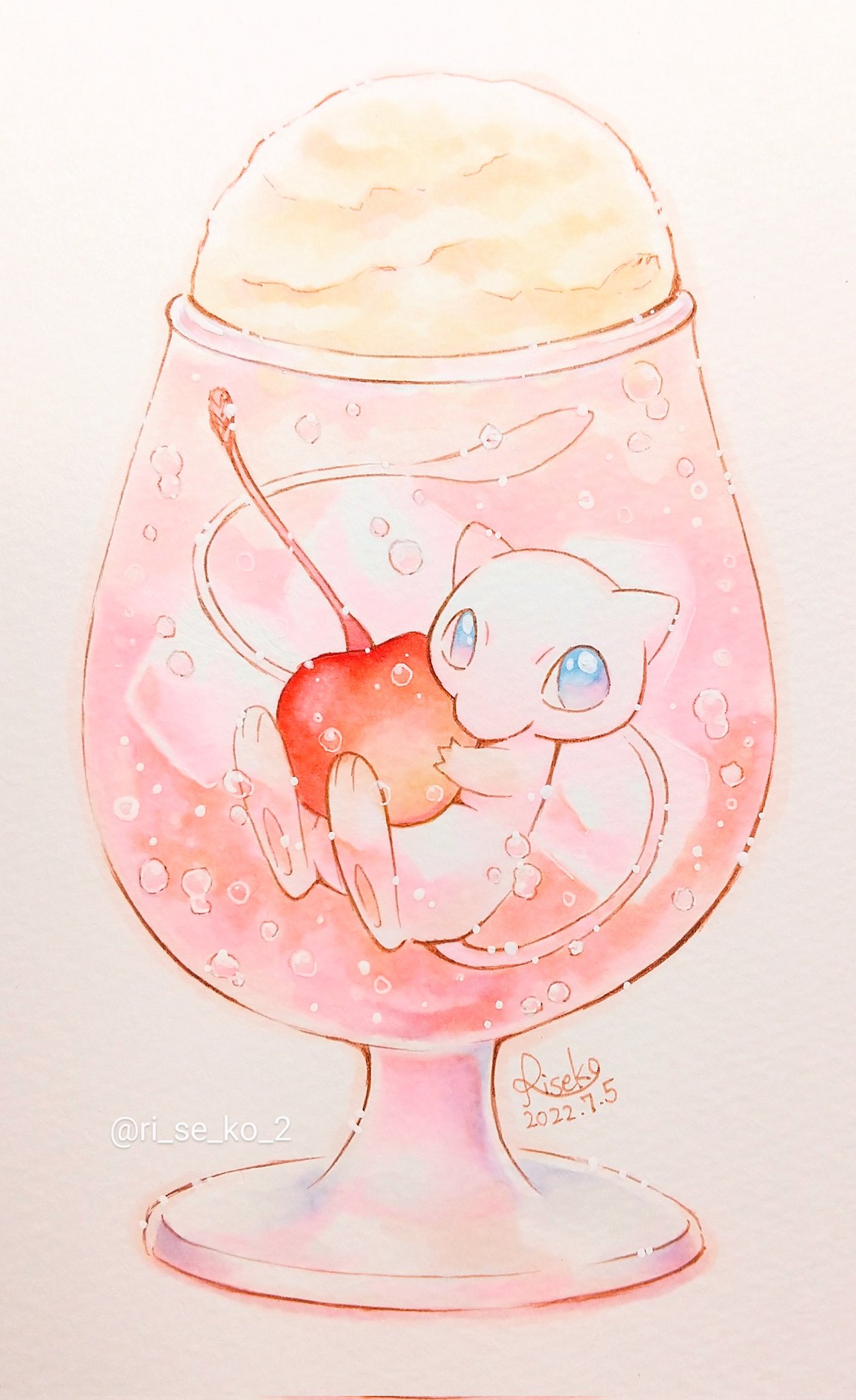 artist_name blue_eyes bubble cherry commentary_request cup dated drink drinking_glass food fruit highres holding holding_food holding_fruit ice_cream ice_cream_float looking_at_viewer mew_(pokemon) no_humans pokemon pokemon_(creature) riseko_(ri_se_ko_2) signature simple_background soda submerged traditional_media twitter_username white_background
