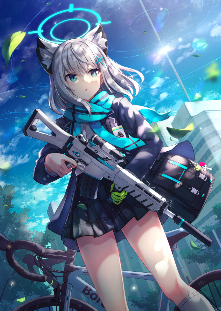 1girl animal_ears assault_rifle bag bicycle blue_archive blue_eyes building clouds commentary_request grey_hair ground_vehicle gun hair_ornament hairclip halo highres medium_hair nogi_lief outdoors revision rifle scarf school_uniform shiroko_(blue_archive) sig_sauer sig_sauer_556 sky solo tree trigger_discipline weapon wolf_ears