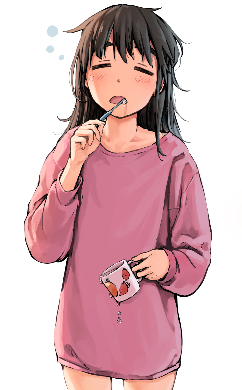 1girl =_= black_hair blush brushing_teeth closed_eyes collarbone cowboy_shot cup d: dripping drooling english_commentary facing_viewer food_print highres holding holding_cup holding_toothbrush messy_hair mixed-language_commentary mug no_pants open_mouth original pink_sweater print_cup ryuunosuke_(luckyneco) saliva simple_background sleepy solo strawberry_print sweater thick_eyebrows toothbrush water white_background