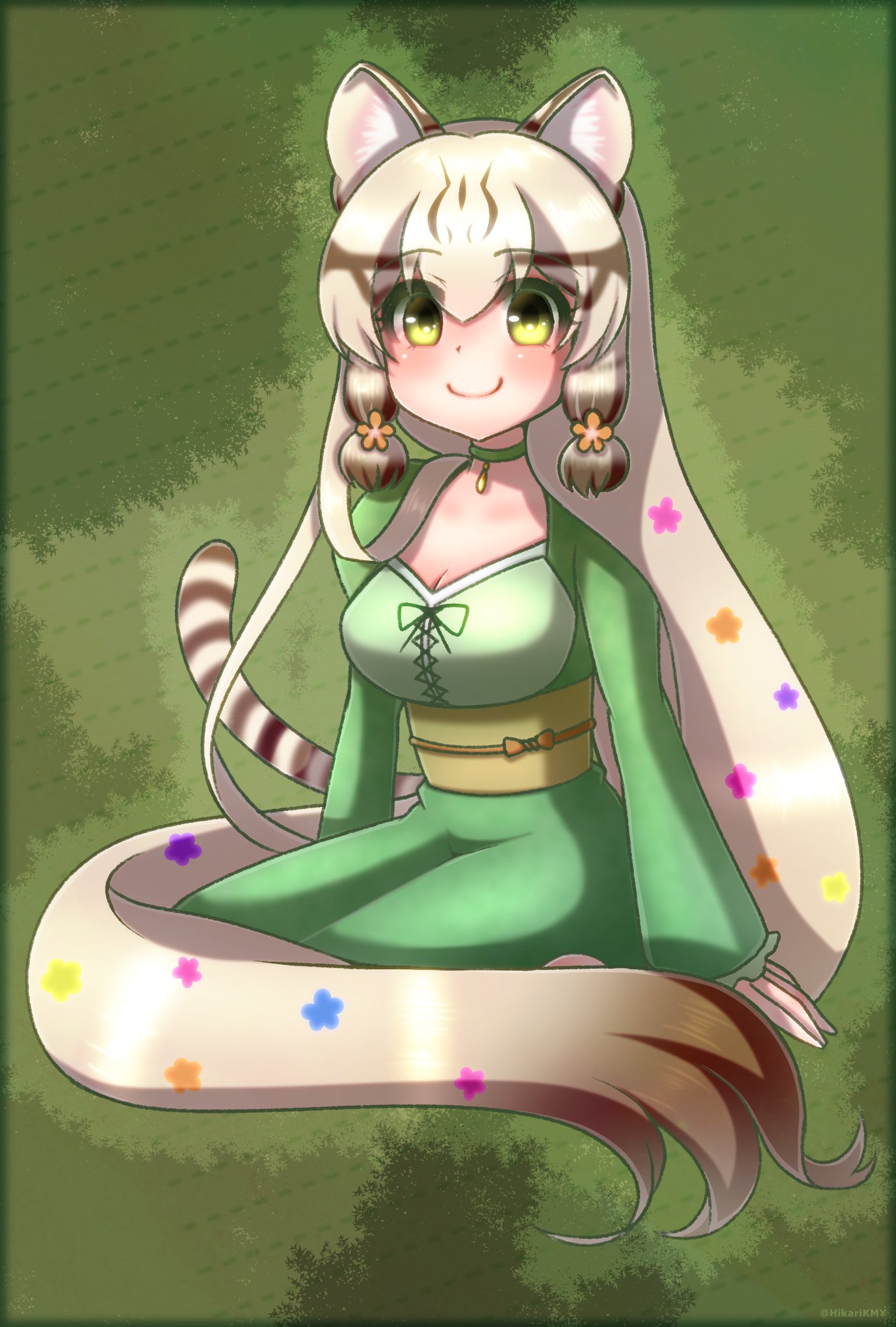 1girl animal_ears blonde_hair cat_ears cat_girl cat_tail choker closed_mouth dress extra_ears geoffroy's_cat_(kemono_friends) green_background highres hikarikmy kemono_friends kemono_friends_v_project long_hair looking_at_viewer parody ribbon simple_background solo tail tangled virtual_youtuber yellow_eyes