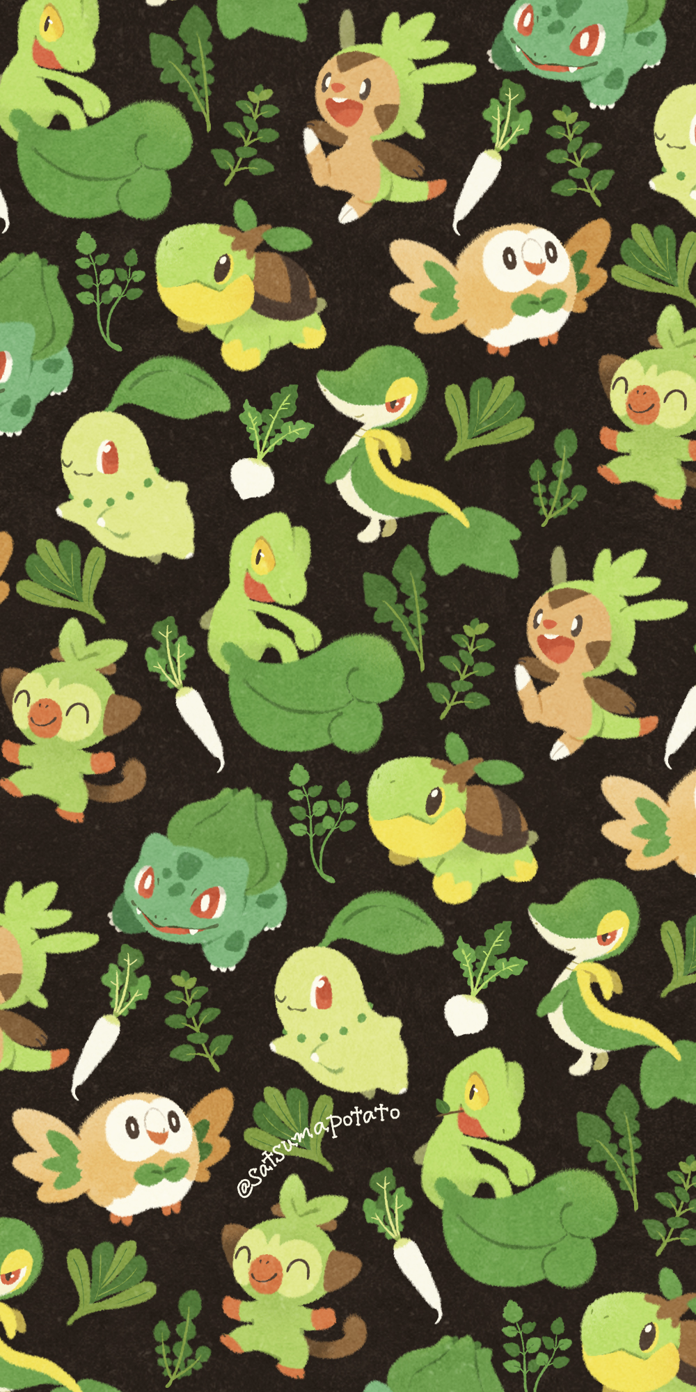 6+others brown_background bulbasaur chespin chikorita creature daikon fangs food grookey highres multiple_others no_humans one_eye_closed open_mouth plant pokemon radish red_eyes rowlet satsumapotato smile snivy treecko turtwig vegetable yellow_eyes