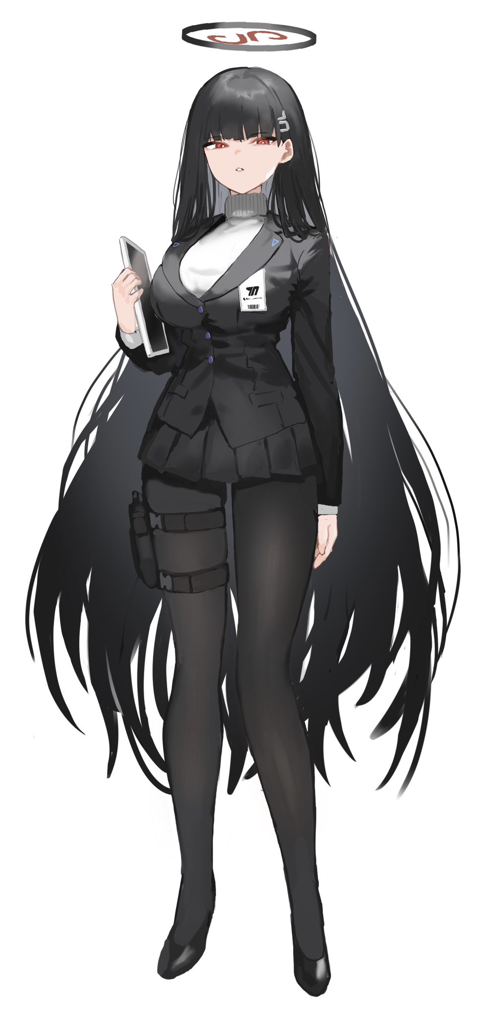 1girl bangs black_footwear black_hair black_pantyhose black_skirt black_suit blue_archive blunt_bangs bright_pupils formal full_body hair_ornament hairclip halo highres holding holding_tablet_pc holster holstered_weapon id_card long_hair pantyhose pleated_skirt red_eyes rio_(blue_archive) skirt sorotu standing suit sweater tablet_pc thigh_holster thigh_pouch turtleneck turtleneck_sweater white_background white_sweater