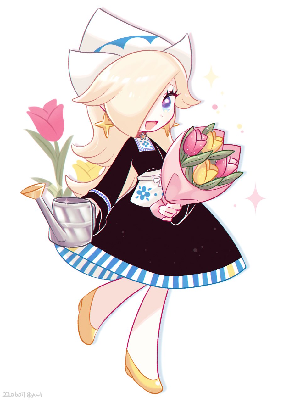 1girl black_dress blonde_hair blue_eyes dress earrings flower full_body hair_over_one_eye hat highres holding holding_watering_can jewelry long_hair looking_at_viewer mario_kart mario_kart_tour official_alternate_costume open_mouth oxo_xwo rosalina rosalina_(volendam) solo star_(symbol) star_earrings super_mario_bros. watering_can white_background white_headwear yellow_footwear