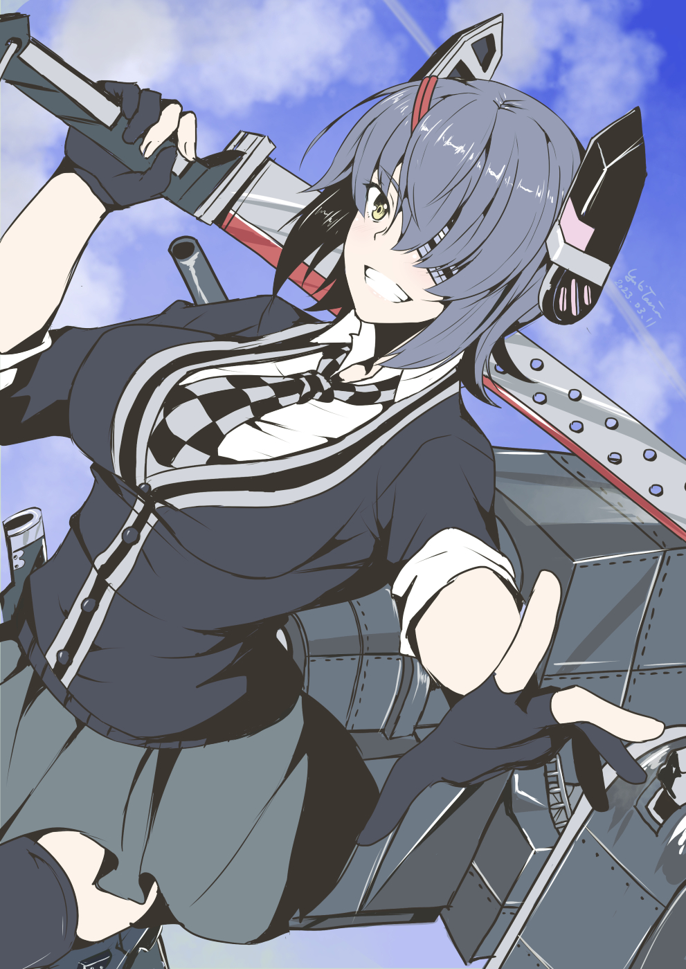 1girl black_gloves black_jacket black_skirt black_thighhighs blazer blue_sky checkered_necktie dated dutch_angle eyepatch gloves grin highres holding holding_sword holding_weapon jacket kantai_collection looking_at_viewer machinery necktie outdoors over_shoulder partially_fingerless_gloves purple_hair school_uniform shirt short_hair short_sleeves skirt sky smile solo sword sword_over_shoulder taira_yuuki tenryuu_(kancolle) tenryuu_kai_ni_(kancolle) thigh-highs weapon weapon_over_shoulder white_shirt yellow_eyes