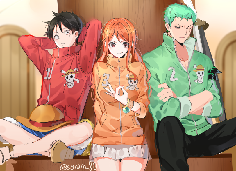 1girl 2boys :q arm_behind_back arms_up artist_name black_hair black_pants blue_shorts closed_mouth crossed_arms crossed_legs frilled_skirt frills green_hair indoors joman long_hair looking_at_viewer monkey_d._luffy multiple_boys nami_(one_piece) one_eye_closed one_piece orange_hair pants roronoa_zoro scar scar_across_eye short_hair shorts shorts_rolled_up sitting skirt tongue tongue_out white_skirt
