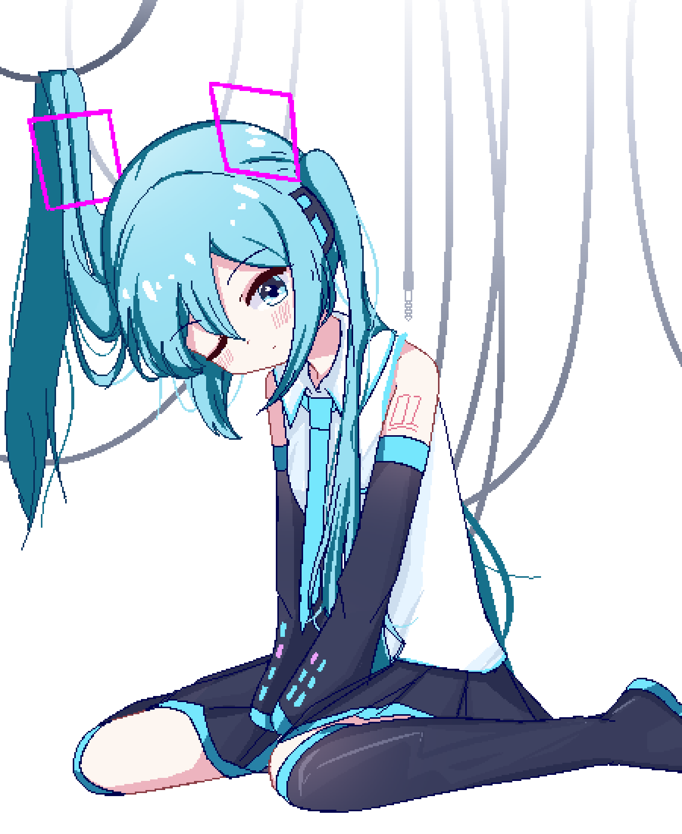 1girl aqua_eyes aqua_hair aqua_necktie bangs bare_shoulders between_legs black_footwear black_skirt black_sleeves blush boots cable chibikki closed_mouth commentary detached_sleeves dot_mouth dot_nose feet_out_of_frame hair_ornament hand_between_legs hatsune_miku head_tilt highres long_hair long_sleeves looking_at_viewer necktie number_tattoo one_eye_closed pleated_skirt shirt shoulder_tattoo simple_background sitting skirt sleeveless sleeveless_shirt solo tattoo thigh_boots twintails v_arms very_long_hair vocaloid wariza white_background