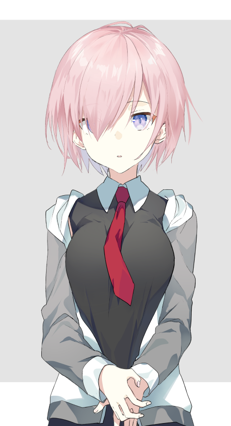 1girl black_shirt breasts collared_shirt eka_eri fate/grand_order fate_(series) grey_background grey_jacket jacket jacket_partially_removed large_breasts long_sleeves looking_at_viewer mash_kyrielight multicolored_clothes multicolored_jacket necktie open_clothes open_jacket parted_lips pink_hair red_necktie shirt short_hair solo two-tone_background two-tone_jacket upper_body violet_eyes white_background white_jacket