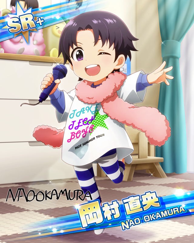 1boy aged_down black_hair card_(medium) character_signature fingernails holding holding_microphone idolmaster idolmaster_side-m layered_sleeves long_sleeves male_child male_focus microphone okamura_nao one_eye_closed pink_scarf scarf short_over_long_sleeves short_sleeves solo toddler violet_eyes