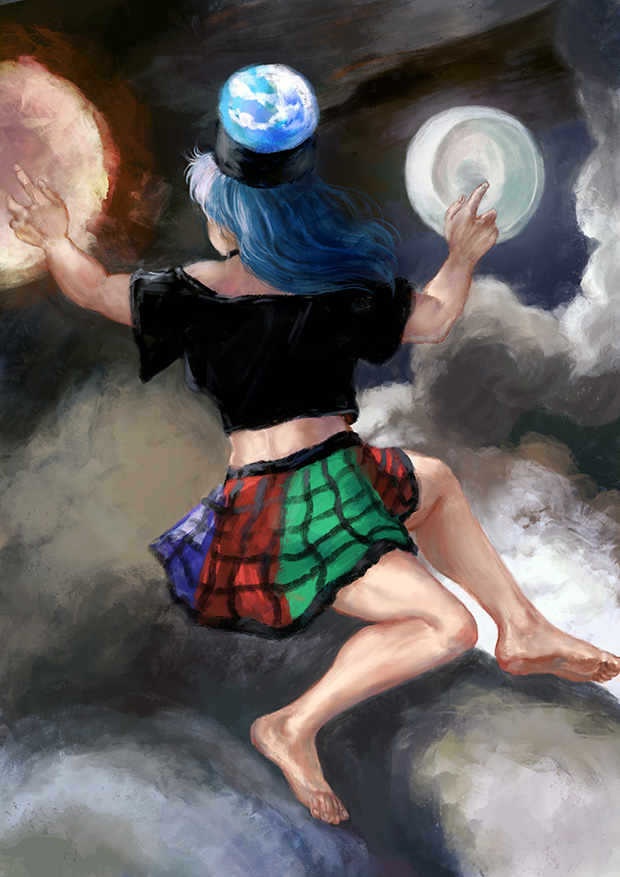 amibazh black_shirt blue_hair earth_(ornament) faux_traditional_media fine_art_parody hecatia_lapislazuli hecatia_lapislazuli_(earth) moon_(ornament) off-shoulder_shirt off_shoulder parody parody_request plaid plaid_skirt polos_crown shirt skirt t-shirt touhou underworld_(ornament)