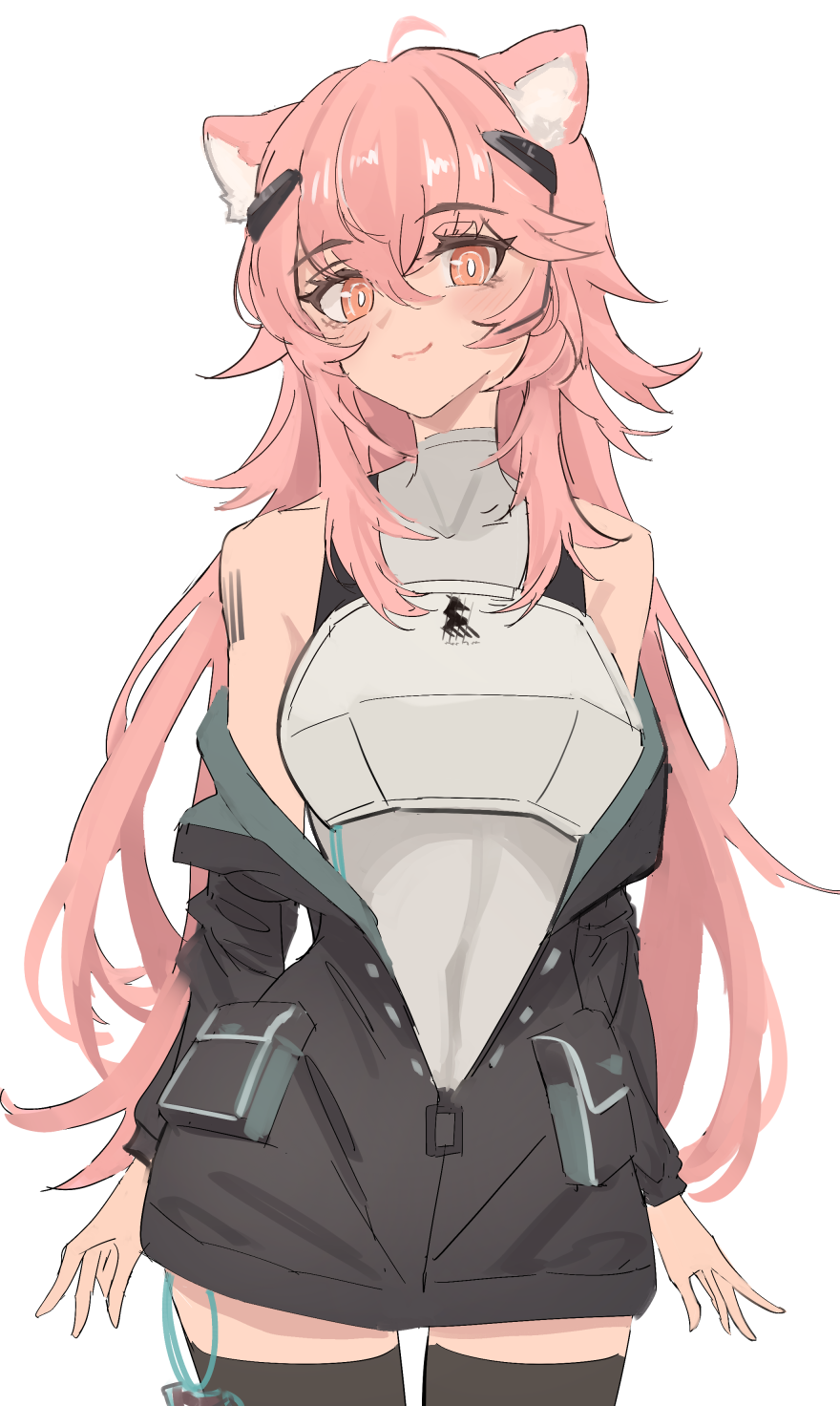 1girl ahoge animal_ear_fluff animal_ears arknights armor bare_shoulders black_jacket black_thighhighs breastplate closed_mouth commentary_request gravel_(arknights) hair_between_eyes highres jacket long_hair long_sleeves looking_at_viewer off_shoulder pink_hair red_eyes shino_duka shirt simple_background sleeveless sleeveless_shirt smile solo thigh-highs very_long_hair white_background white_shirt