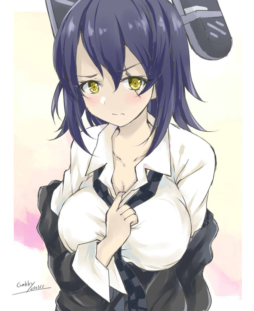 1girl black_jacket blue_hair breasts checkered_necktie collared_shirt dress_shirt eyepatch gakky headgear jacket kantai_collection large_breasts looking_at_viewer necktie one-hour_drawing_challenge scar scar_across_eye school_uniform shirt short_hair solo tenryuu_(kancolle) upper_body white_shirt yellow_eyes