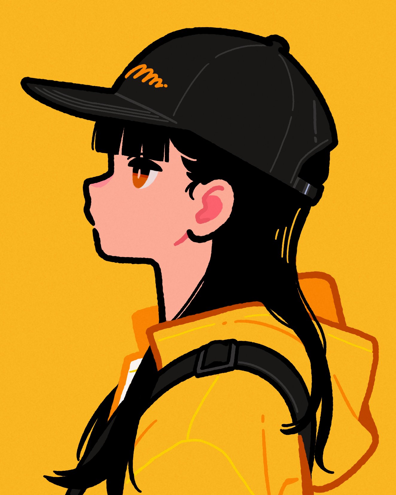 1girl bangs black_hair blunt_bangs bright_pupils brown_eyes flat_color highres hood hood_down hooded_jacket jacket long_hair original profile simple_background solo white_pupils yellow_background yellow_jacket yellow_theme yoshi_mi_yoshi