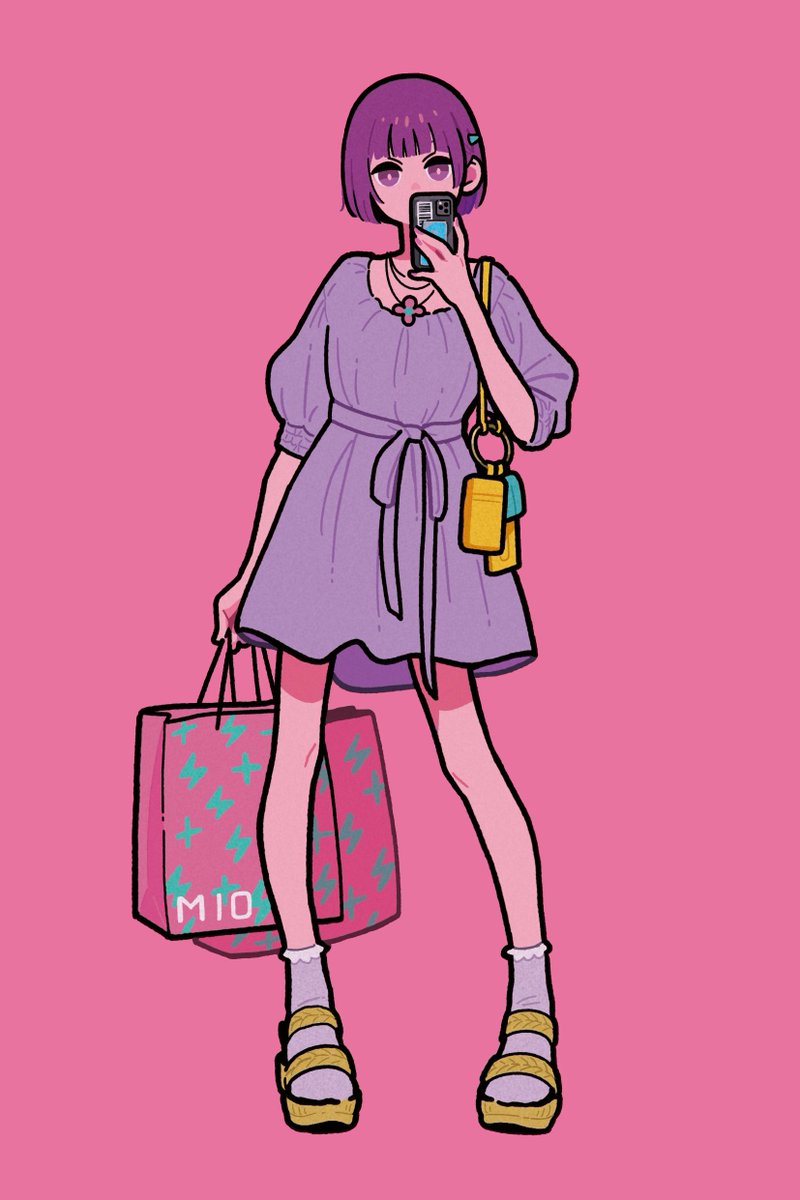 1girl bag covered_mouth dress full_body grey_dress grey_socks hair_ornament highres holding holding_bag jewelry necklace original pink_background purple_hair sandals shadow short_hair short_sleeves simple_background socks solo standing violet_eyes yellow_footwear yoshi_mi_yoshi