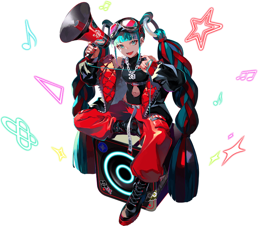 1girl 39 aqua_eyes aqua_hair bangs beamed_eighth_notes belt black_footwear black_jacket black_shirt blunt_bangs boots cable clothes_writing clothing_cutout cross-laced_footwear crypton_future_media detached_hair down_jacket eighth_note goggles goggles_on_head hatsune_miku hip_vent holding holding_megaphone jacket lace-up_boots lam_(ramdayo) magical_mirai_(vocaloid) magical_mirai_miku_(2023) megaphone musical_note navel_cutout neon_lights official_art open_mouth pants piapro red_nails red_pants ring_hair_ornament ringed_eyes second-party_source shirt sitting sitting_on_object sleeveless sleeveless_shirt smile solo speaker star_(symbol) transparent_background triangle vocaloid