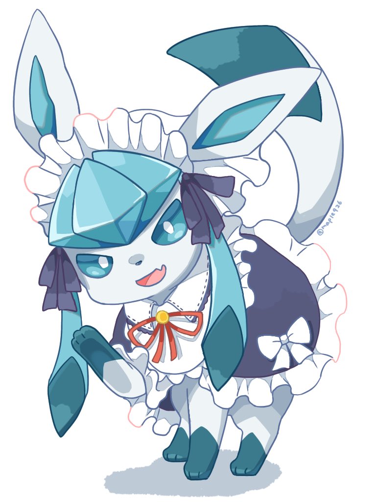 aqua_eyes artist_name black_ribbon capelet clothed_pokemon fang frilled_capelet frills glaceon hand_up kana_(maple926) maid_headdress no_humans open_mouth pokemon pokemon_(creature) red_ribbon ribbon skin_fang smile twitter_username white_background white_ribbon wing_collar