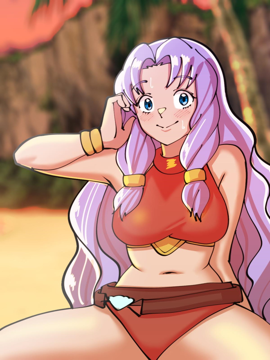 1girl :&gt; alternate_costume arm_behind_back bare_shoulders belt bikini blue_eyes blurry blurry_background bracelet breasts brown_belt closed_mouth english_commentary fire_emblem fire_emblem:_the_blazing_blade florina_(fire_emblem) hair_intakes highres jewelry light_purple_hair long_hair looking_at_viewer medium_breasts mnejing30 navel outdoors palm_tree red_bikini smile solo split_mouth swimsuit tree twilight very_long_hair wavy_hair