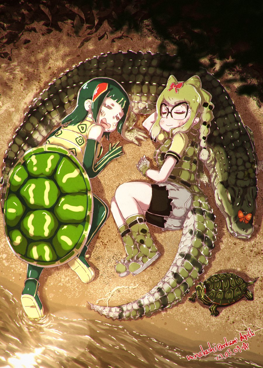 2girls animal arm_up artist_name bangs bike_shorts bike_shorts_under_shorts blonde_hair boots braid bug butterfly closed_eyes cone_hair_bun crocodilian crocodilian_tail cutoffs dated day double_bun drooling elbow_gloves fingerless_gloves from_above full_body glasses gloves green_hair hair_bun hand_rest highres kemono_friends long_hair lying multicolored_hair multiple_girls nakashi_masakumi on_ground on_side on_stomach open_mouth outdoors over-rim_eyewear peaceful red-eared_slider_(kemono_friends) redhead sand semi-rimless_eyewear shirt short_shorts short_sleeves shorts sleeping smile spectacled_caiman_(kemono_friends) spiked_footwear spiked_gloves spikes tail turtle turtle_shell twitter_username vest water