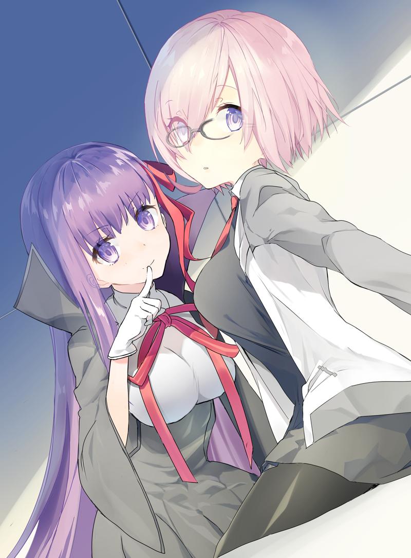2girls bb_(fate) bb_(fate/extra) breasts coat dutch_angle eka_eri fate/extra fate/grand_order fate_(series) glasses gloves grey_coat grey_jacket grey_skirt hair_over_one_eye hair_ribbon high-waist_skirt jacket large_breasts long_sleeves looking_at_viewer mash_kyrielight multicolored_clothes multicolored_jacket multiple_girls neck_ribbon necktie open_clothes open_jacket parted_lips pink_hair purple_hair red_necktie red_ribbon ribbon short_hair skirt smile two-tone_jacket violet_eyes white_gloves white_jacket wide_sleeves