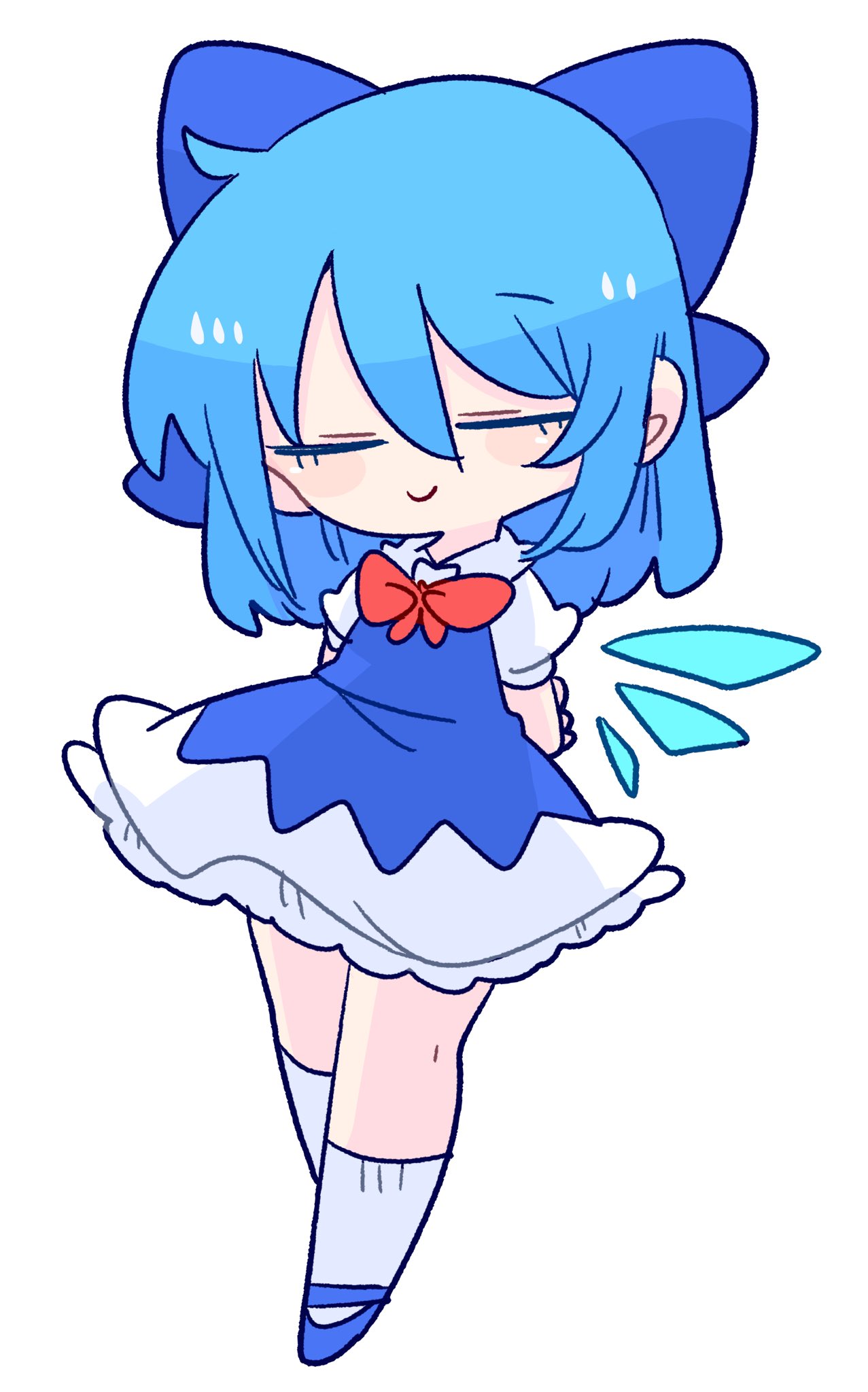 bangs blue_dress blue_footwear blue_hair cirno closed_eyes closed_mouth collared_shirt dress flat_chest highres ice ice_wings neck_ribbon op_na_yarou pinafore_dress puffy_short_sleeves puffy_sleeves red_ribbon ribbon shirt short_hair short_sleeves smile socks touhou white_shirt wings