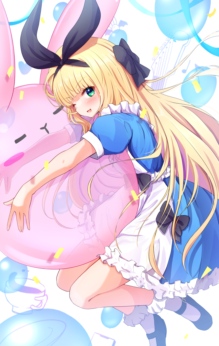 1girl ;d animal_balloon apron baram black_bow black_footwear black_hairband black_ribbon blonde_hair blue_dress blush bow commentary_request dress frilled_apron frilled_dress frills green_eyes hair_bow hair_ribbon hairband highres hug long_hair looking_at_viewer mononobe_alice multicolored_hair nijisanji one_eye_closed puffy_short_sleeves puffy_sleeves purple_hair ribbon shoes short_sleeves simple_background smile socks solo two-tone_hair very_long_hair virtual_youtuber white_apron white_background white_socks