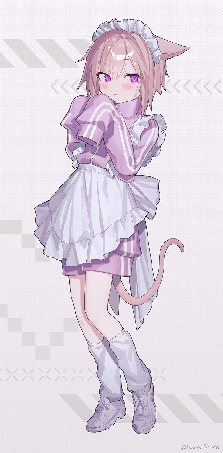 1girl animal_ears apron avatar_(ff14) cat_ears cat_girl cat_tail expressionless final_fantasy final_fantasy_xiv full_body funa_(sakana) highres jacket leg_warmers light_brown_hair long_sleeves looking_at_viewer maid maid_apron maid_headdress miqo'te pink_jacket shoes short_hair simple_background sleeves_past_fingers sleeves_past_wrists sneakers tail track_jacket twitter_username violet_eyes white_apron white_background white_footwear white_leg_warmers