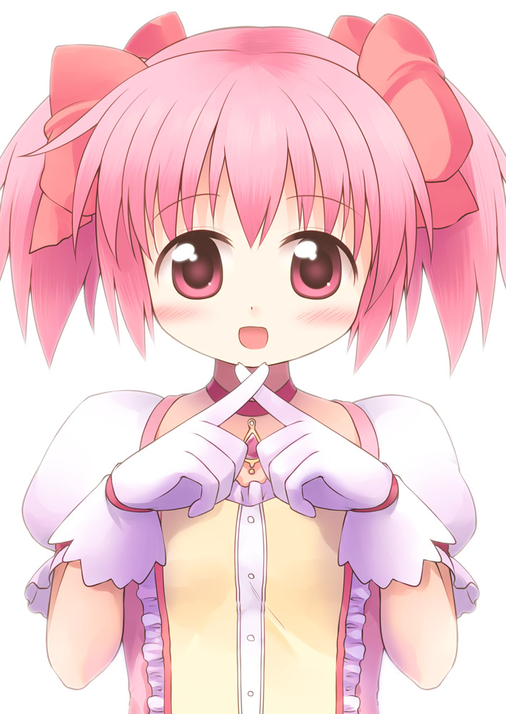 1girl :d bangs blush bow buttons chest_jewel choker commentary_request crossed_fingers dress emurin flat_chest gloves hair_bow kaname_madoka magical_girl mahou_shoujo_madoka_magica multiple_hair_bows pink_bow pink_dress pink_eyes pink_gemstone pink_hair puffy_short_sleeves puffy_sleeves red_choker short_hair short_sleeves simple_background smile solo two_side_up upper_body white_background white_gloves white_sleeves